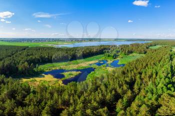 Aerial view of forest lake in beauty summer day, drone shot
