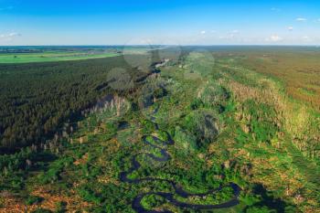 Aerial drone panoramic picture of winding river