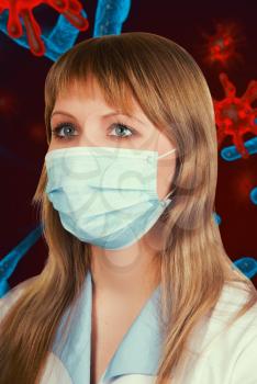 Female doctor with medical mask on 3d generated COVID-19 background background.