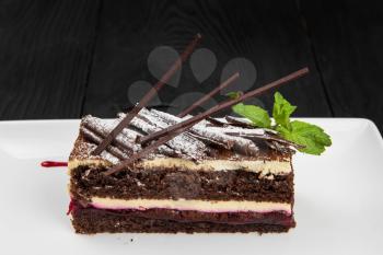 Plate with piece of delicious chocolate cake decorated with mint leaves