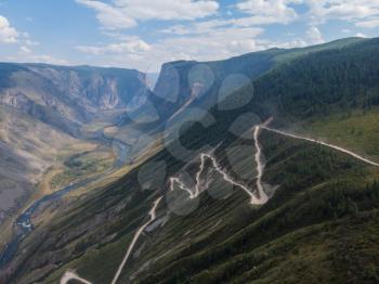 Panorama of the Katu Yaryk mountain pass and the valley of the river of Chulyshman. Altai Republic, Russia, beautiful summer day