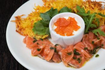 Plate with potato pancakes salmon fish and red caviar