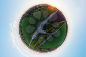 Planet spherical panorama 360 of summer roads in Altai. Aerial drone picture.