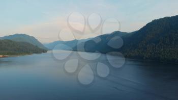 Aerial view of Lake Teletskoe, sunny summer morning, Altai mountines, Russia