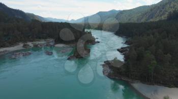 Aerial view of Katun river, in summer morning in Altai mountains, cinematic drone footage