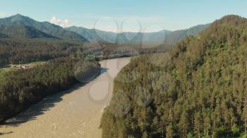 Aerial view of Katun river, in summer morning in Altai mountains, cinematic drone footage