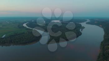 Aerial view of big siberian Ob river in beauty summer evening, 4K drone footage.