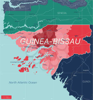 Guinea-Bissau country detailed editable map with regions cities and towns, roads and railways, geographic sites. Vector EPS-10 file