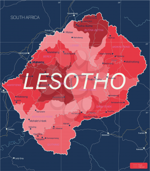Lesotho country detailed editable map with regions cities and towns, roads and railways, geographic sites. Vector EPS-10 file
