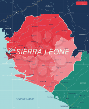 Sierra Leone country detailed editable map with regions cities and towns, roads and railways, geographic sites. Vector EPS-10 file