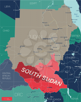 South Sudan country detailed editable map with regions cities and towns, roads and railways, geographic sites. Vector EPS-10 file