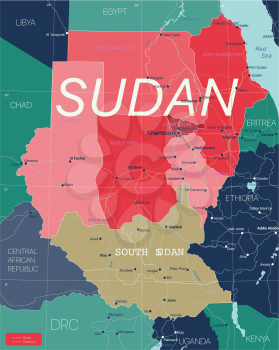 Sudan country detailed editable map with regions cities and towns, roads and railways, geographic sites. Vector EPS-10 file