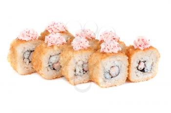 roasted sushi rolls with cucumber, shrimp, tobiko caviar on white