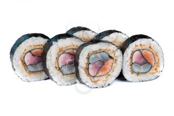 Roasted roll with different kinds of fish on white