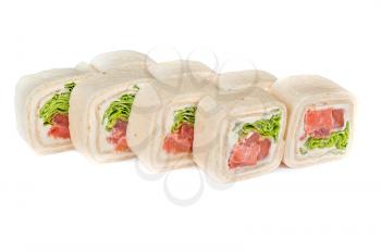 pancake sushi rolls with cream cheese, salmon and tomato isolated on white