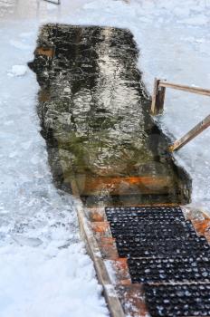 hole in the ice on the river for swiming