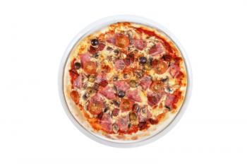 pizza with ham and mushrooms isolated on white