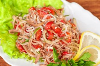 Fresh salad with funchozy, meat and vegetables