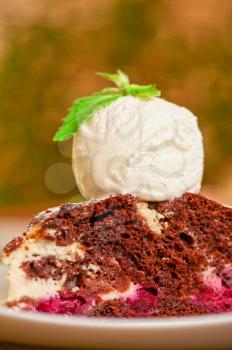 A slice of chocolate cake with ice cream