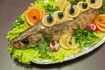 zander fish baked with greens fruits and vegetables