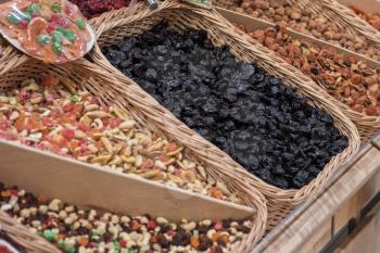 Counter with nuts in supermarket 