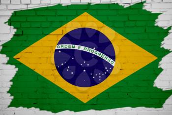 Brasil flag painted on white brick wall texture background
