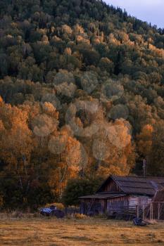 Autumn at mountain village at evening