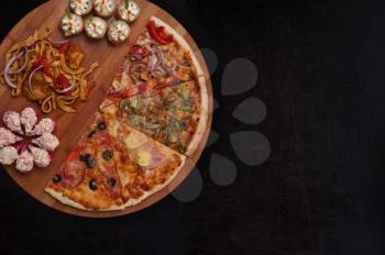 composition at plate by pizza and sushi for fast food illustration 