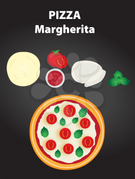 Pizza margherita with ingredients on the black