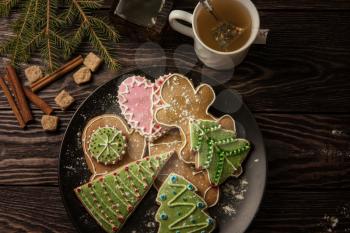 New year homemade gingerbreads with tea