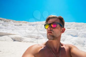 Portrait of man in Pammukale near modern Turkey city Denizli, Turkey