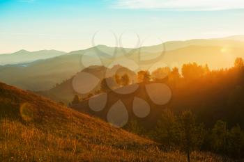 Beauty dawn in the mountains in Altay, panoramic picture