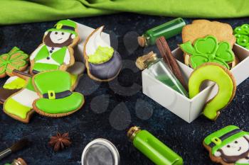 Homemade cookies for Patrick's day on concrete background