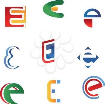 Set of alphabet symbols and icons of letter E
