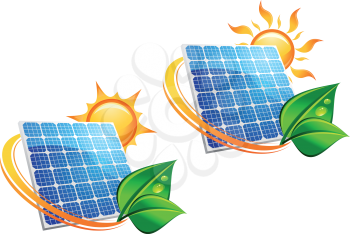 Solar energy panel icons with sun and green leaves for ecology concept