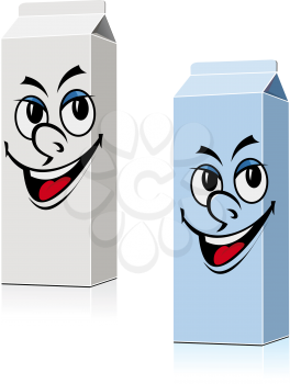 Smiling milk and juice containers in cartoon style for food design