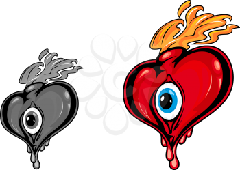 Retro heart with eye and fire flames for tattoo design
