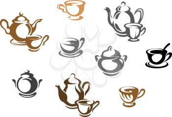 Tea cups and teapots symbols for restaurant or cafe design