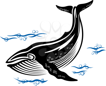 Big whale in sea water in retro style