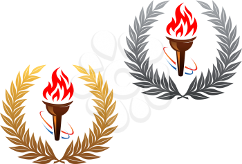Flaming torch in golden and silver laurel wreath for sports design