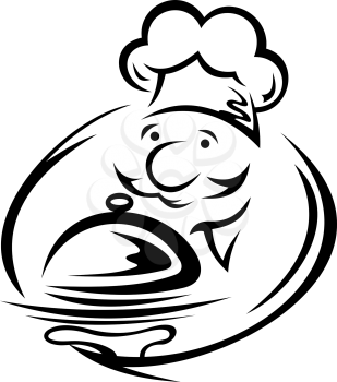 Smiling chef with tray in cartoon style