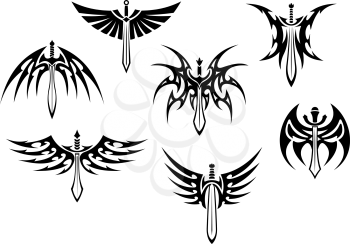 Swords and daggers tribal tattoos set isolated on white background