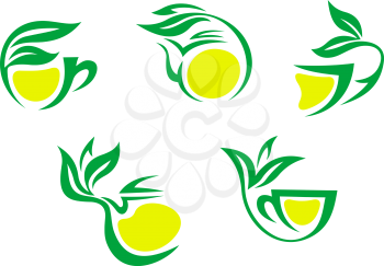 Tea cups symbols with lemon and green leaves for beverages design