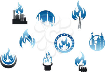 Gas industry symbols and icons with blue flames