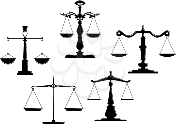 Retro justice scales set isolated on white background