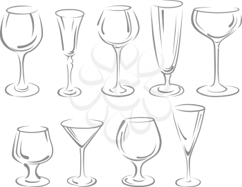 Alcohol and beverage glasses set isolated on white background