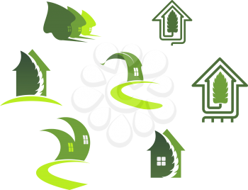 Green ecological symbols with leaves and houses