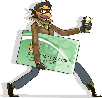 Thief steals credit card and money. Vector illustration in cartoon style