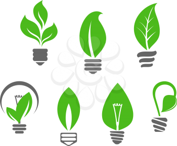 Ecology concept - symbols of light bulbs with green leaves