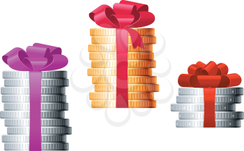 Stacks of coins with colorful ribbons for finance concept or present design